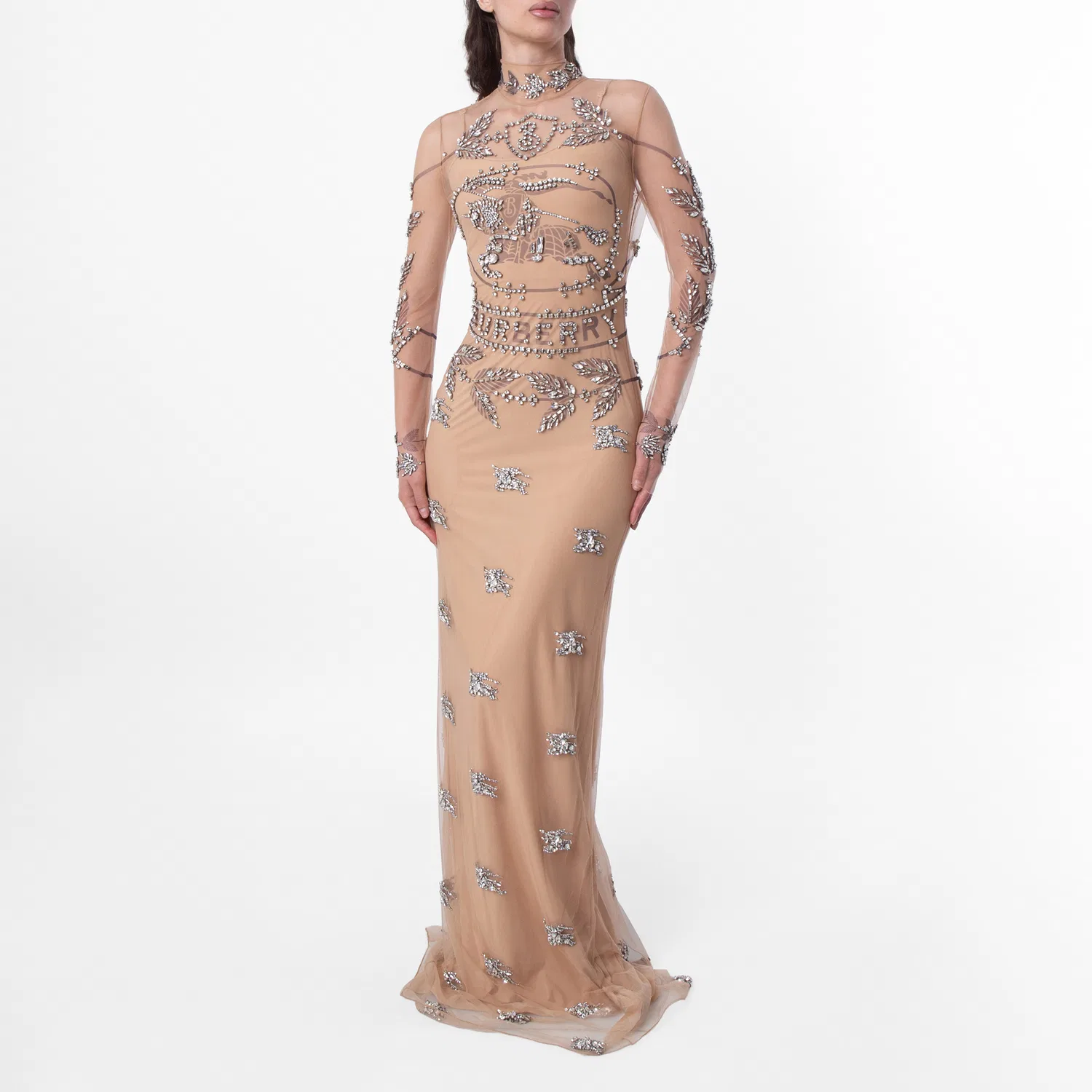 Вечернее платье с пайетками Lila Sheer Diamond-Embellished Evening Gown Burberry, Beige