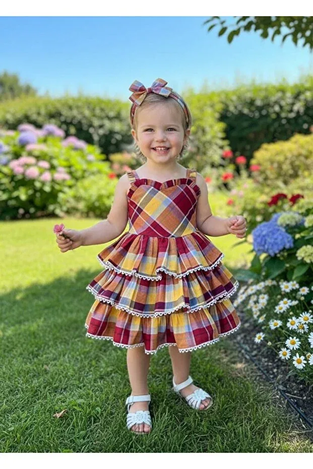 Детское платье для девочек с принтом Eid Girl's Plaid Detailed Puffy Dress Dilek, Bordosari