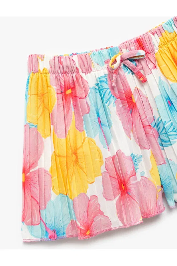 Детские шорты для девочек с принтом Floral patterned lace-up waist pleated shorts Koton, Blue Patterned — фото 3