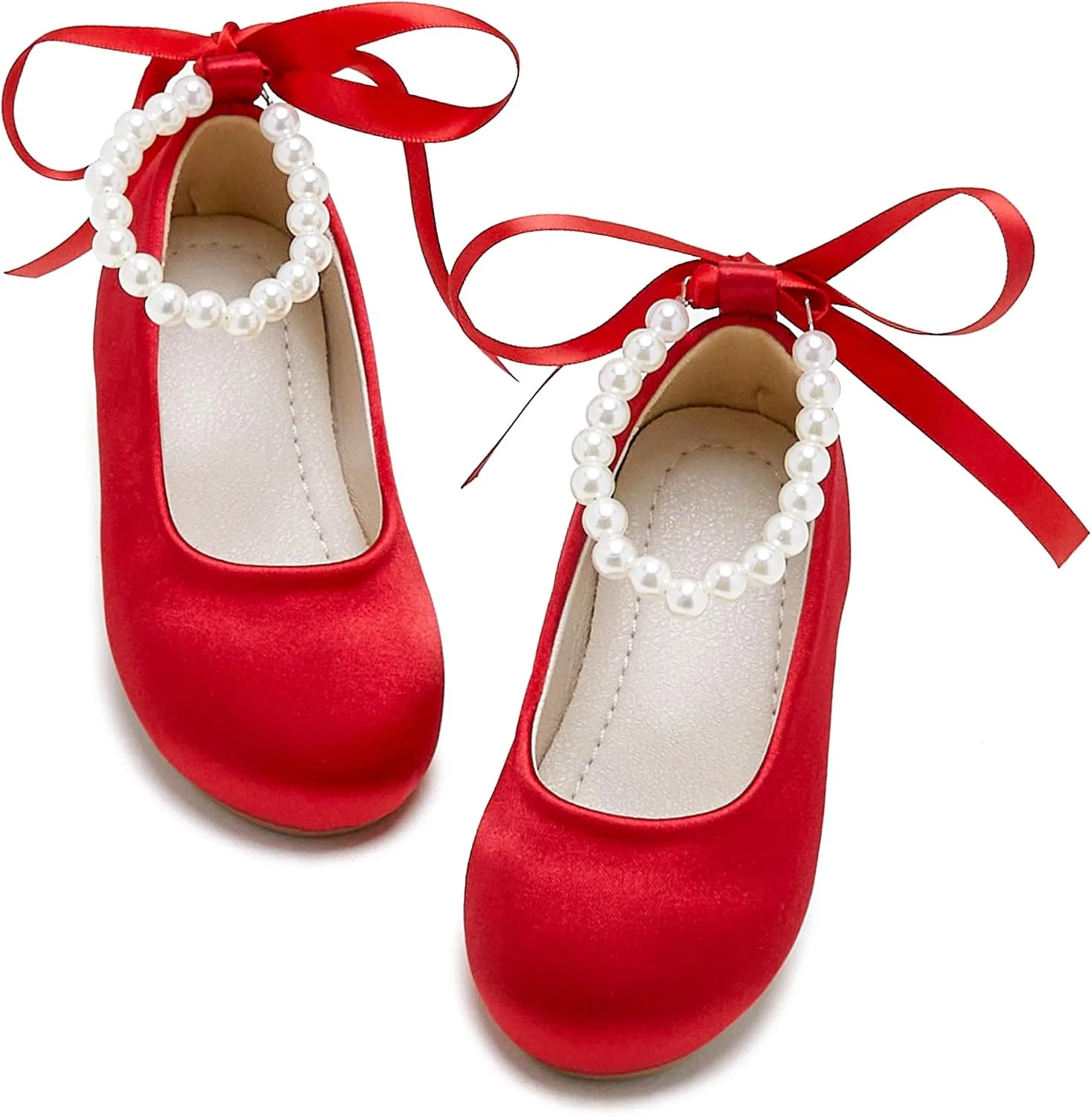 Детские туфли-балетки для девочек с жемчужным ремешком PHIRAMIN, Red Pearl Strap