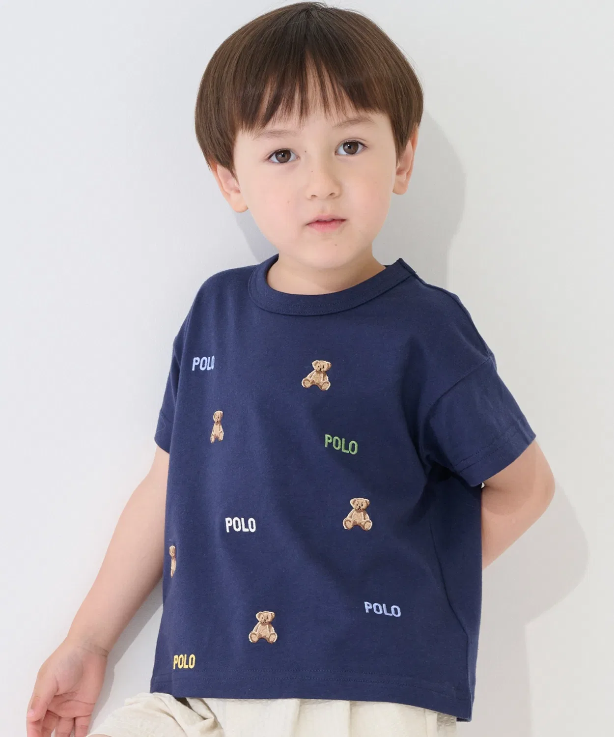 Детская футболка с вышивкой медведя с логотипом, с коротким рукавом, POLO BCS, petit main, Blue