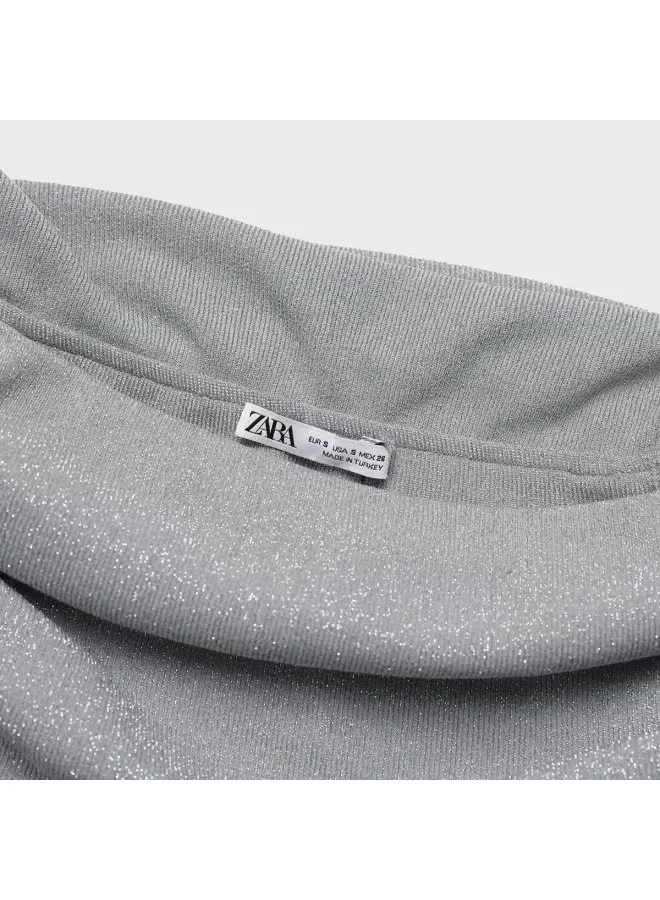 Платье с открытыми плечами с вертикальными полосками и блеском, Zara, серебристый — фото 4