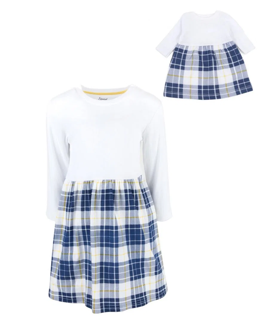Платье-трапеция с длинным рукавом из хлопка, с кукольным платьем Leveret, Plaid White/Blue — фото 3