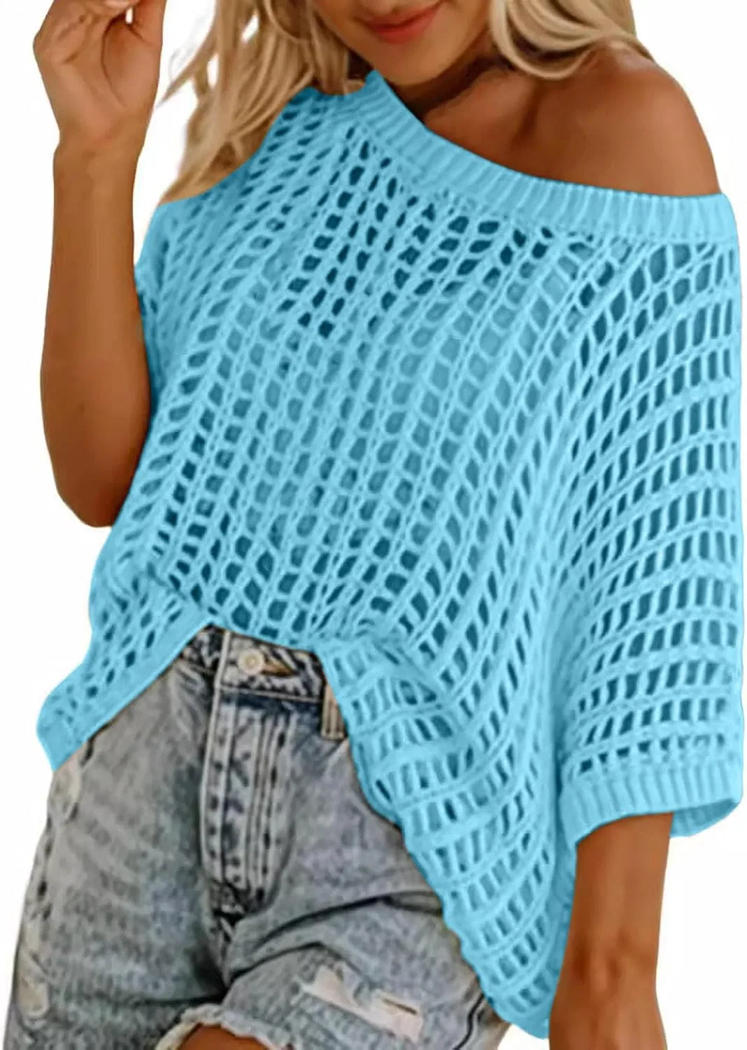 Женская вязаная пляжная накидка с короткими рукавами, Light Blue — фото 2
