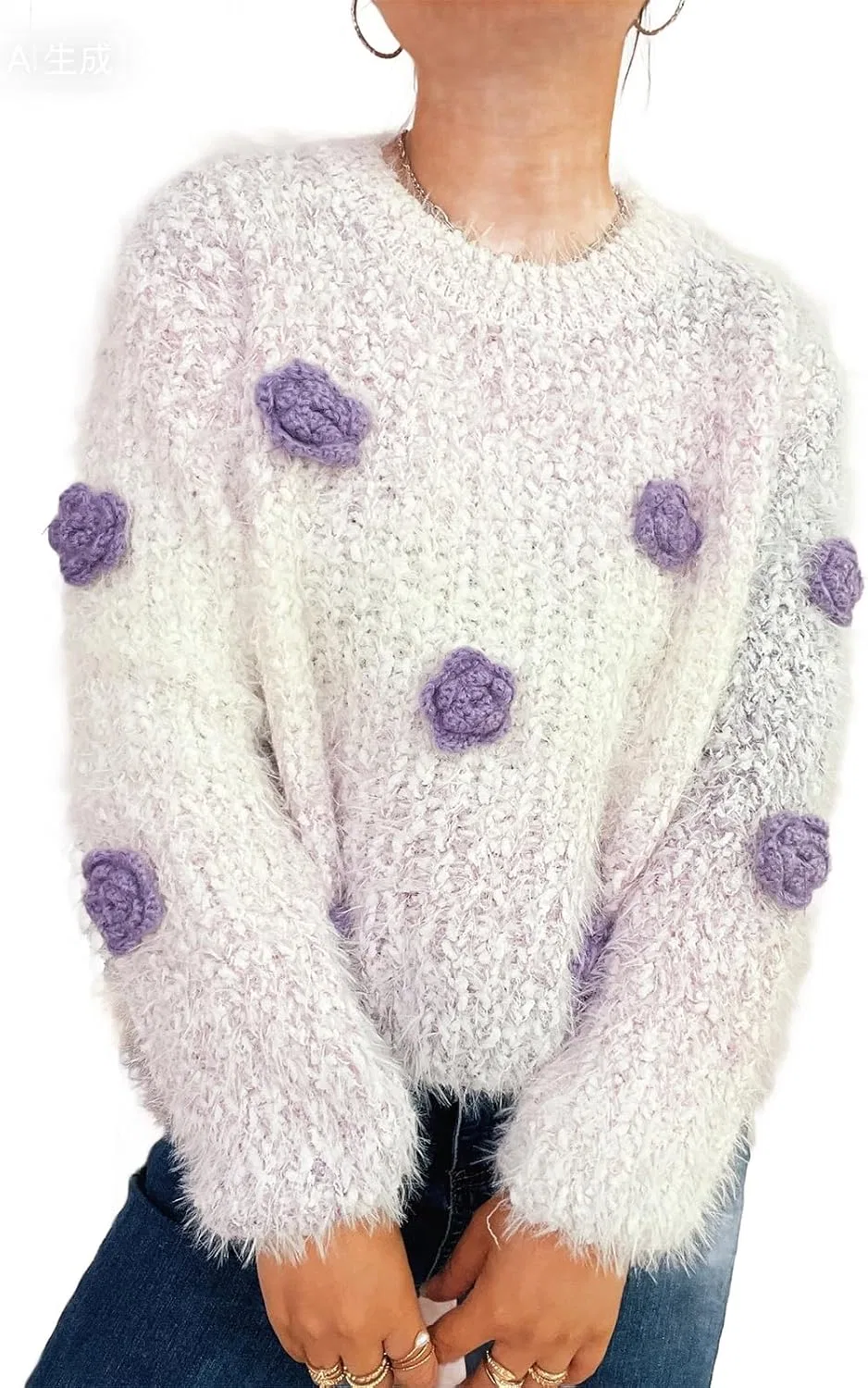 Женский свитер с 3D-цветами омбре, с длинным рукавом, Ombre 3D Floral Sweater