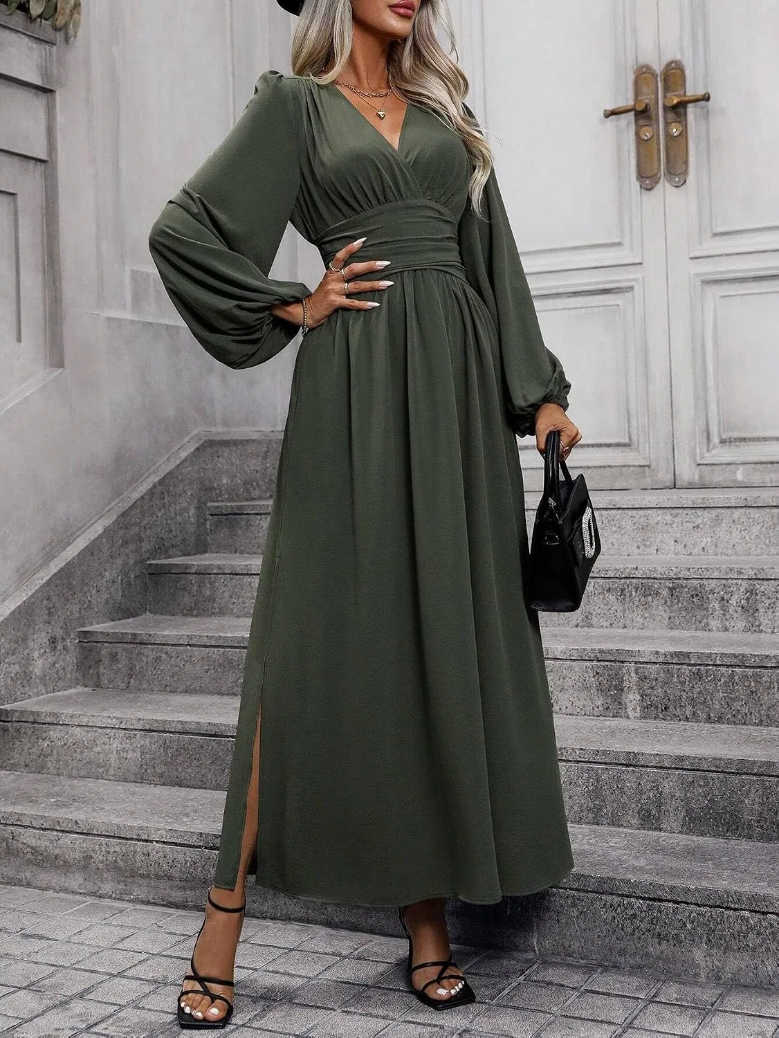 Женское длинное платье с защипами и разрезом A-силуэта, Army Green — фото 4