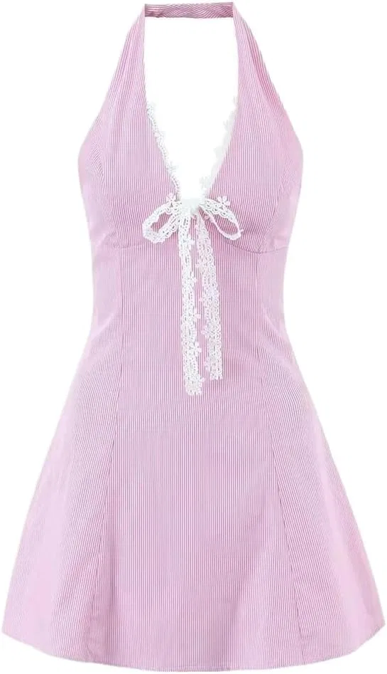 Женское мини-платье с полосками и кружевом A-Line, Pink