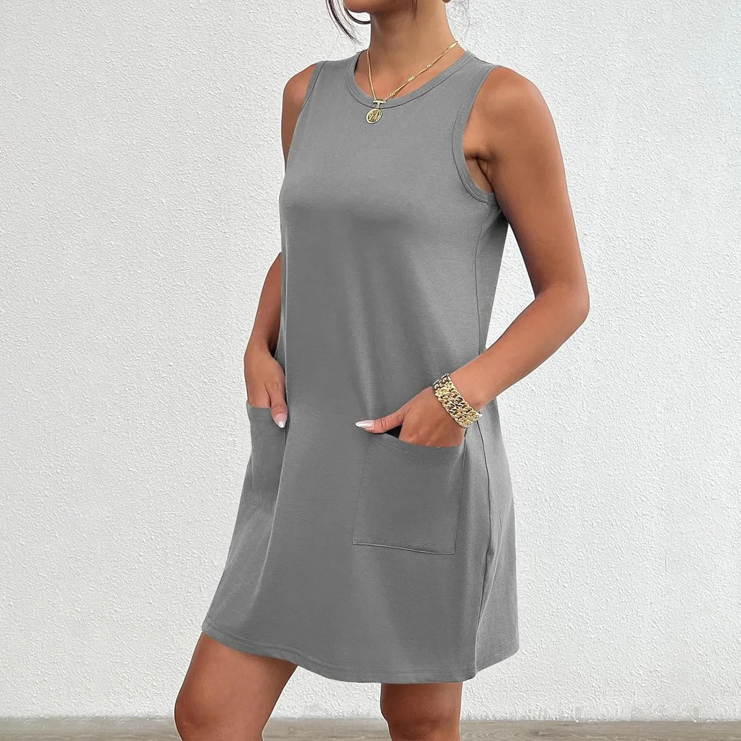 Женское мини-платье с карманами Sleeveless Summer Casual Loose Tank Dress Cute Crewneck Vacation Beach, Grey — фото 2