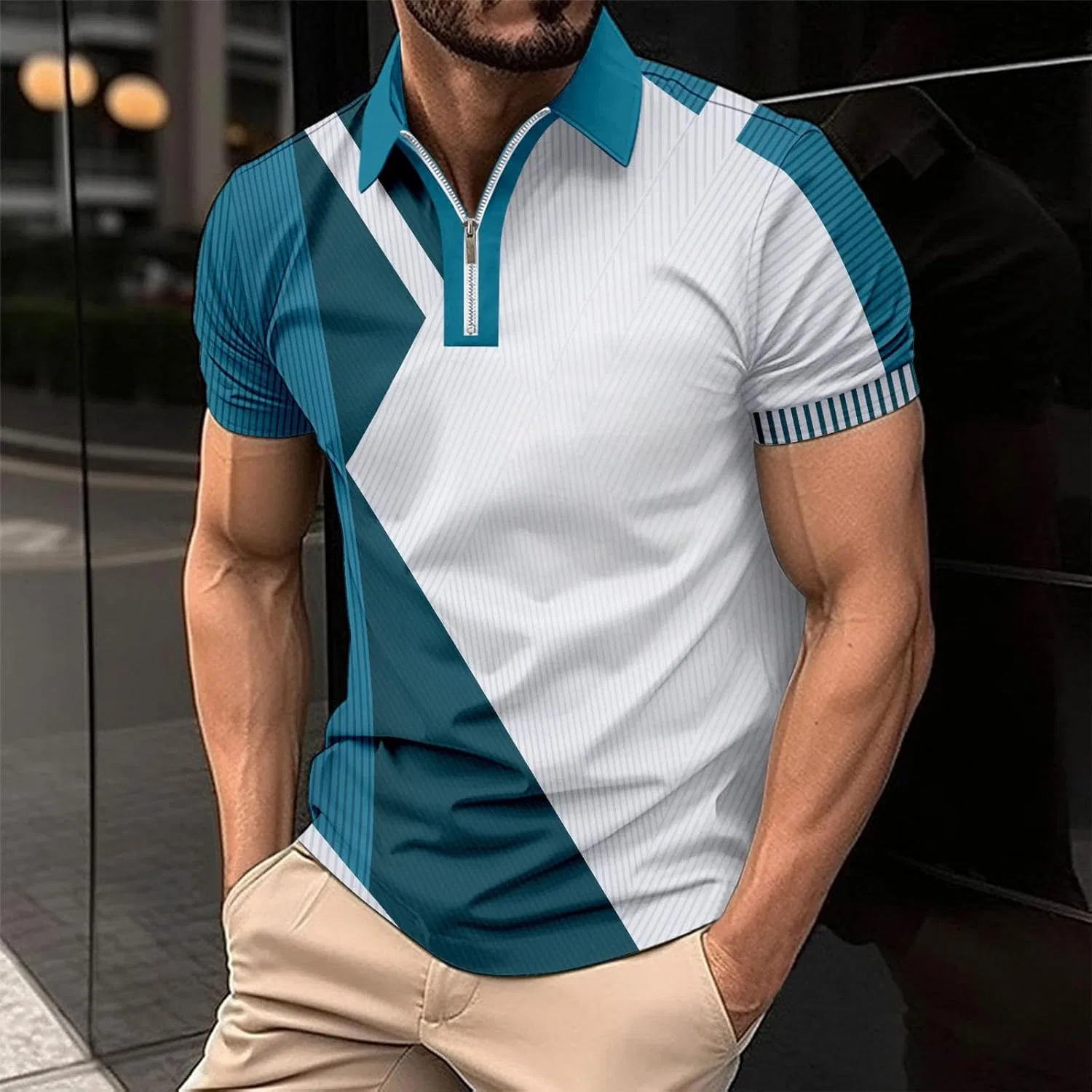 Мужская футболка с четвертью молнией и воротником-лацканом, Lightweight, Green — фото 2