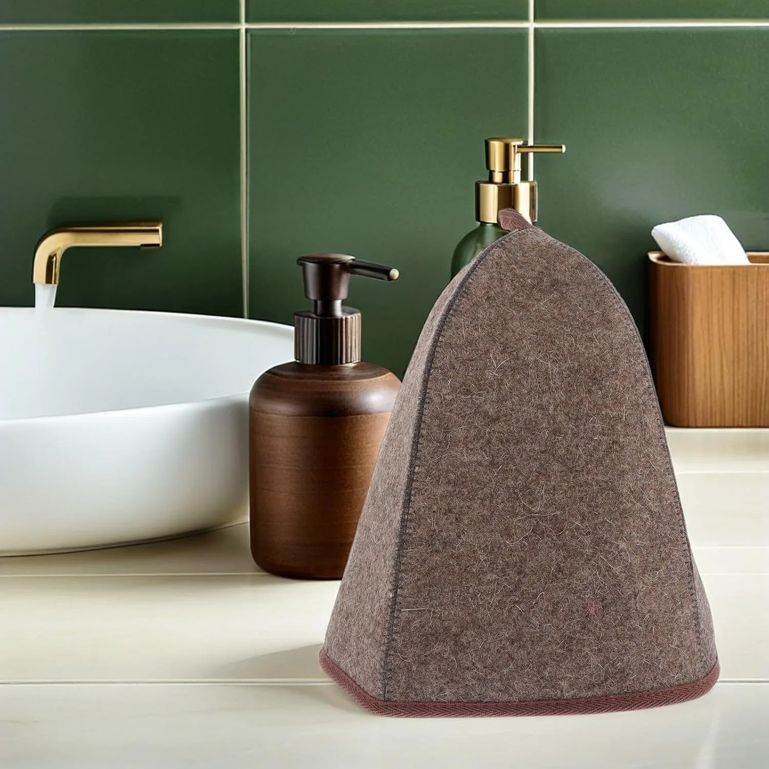 Шапочка для сауны из шерстяного войлока, BELLIFFY, 3 шт, 34x26x0.6 см, Brown — фото 4