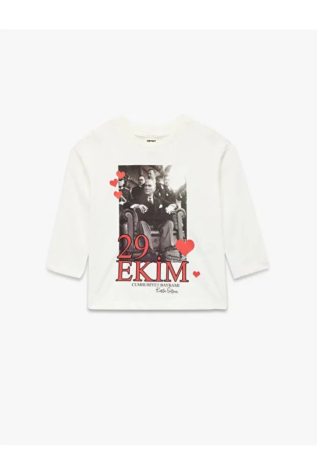 Детская футболка с длинным рукавом с принтом Ataturk And October 29 Printed Koton, Ecru