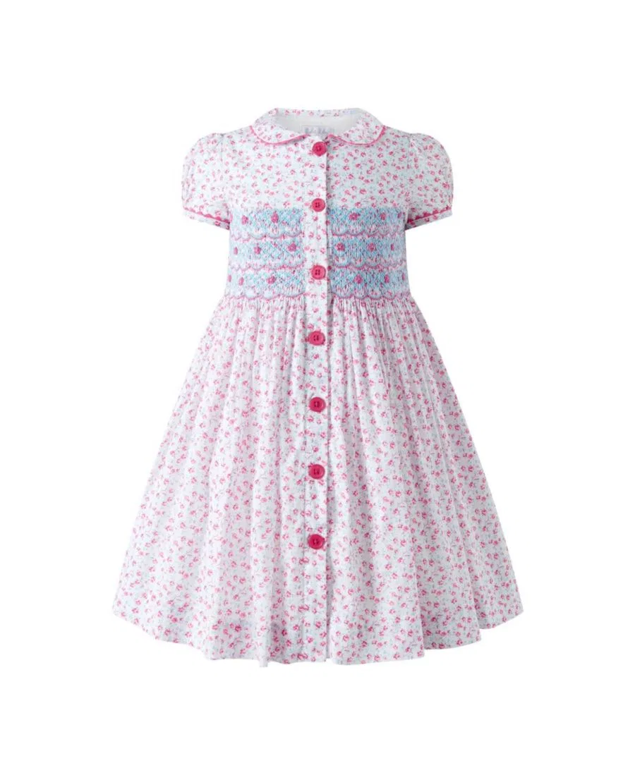 Платье с цветочным принтом и пуговицами спереди, модель Floral Smocked Button-Front Rachel Riley, White