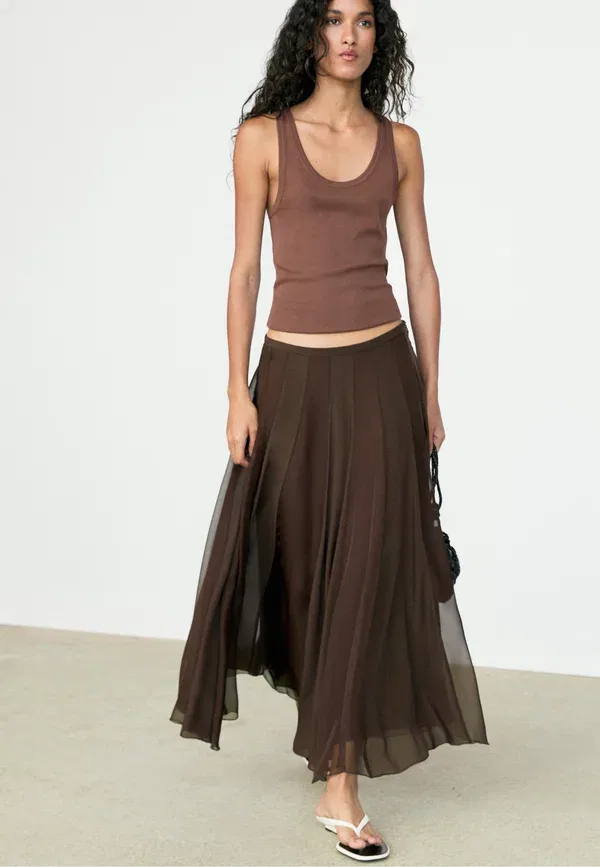 Юбка миди клеш Flowing flared midi skirt, Massimo Dotti, темно-коричневый Massimo Dutti — фото 3