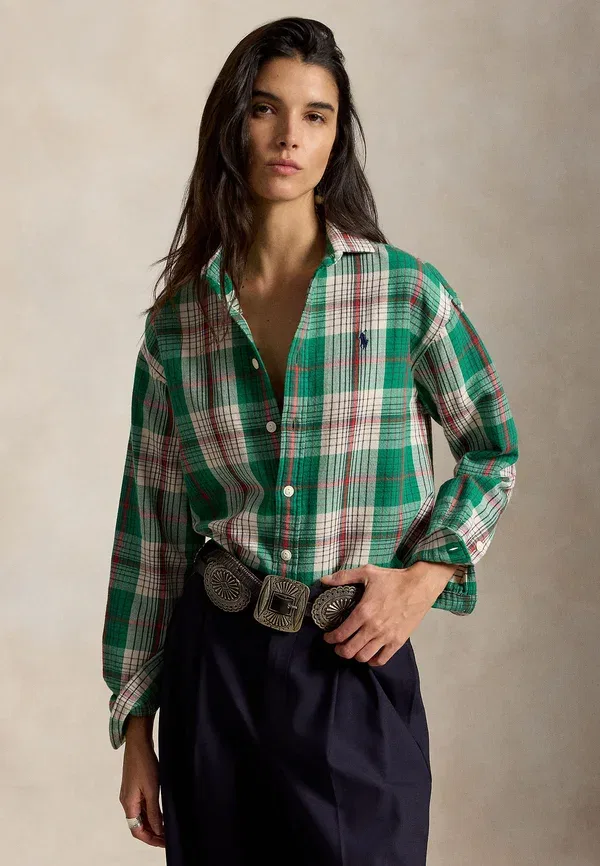 Рубашка из хлопка Relaxed fit plaid cotton shirt Polo Ralph Lauren, green/cream, зеленый/кремовый