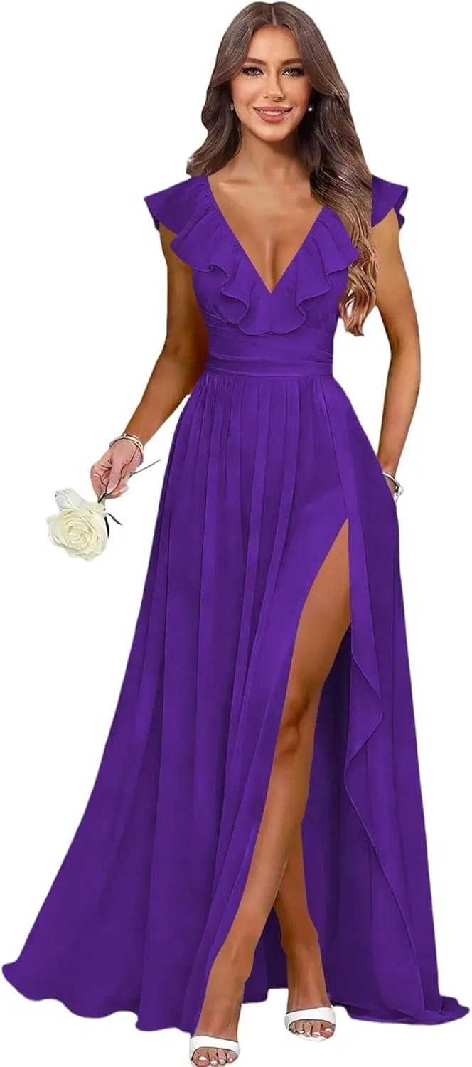 Женское длинное платье с воланами и разрезом Chiffon, Purple