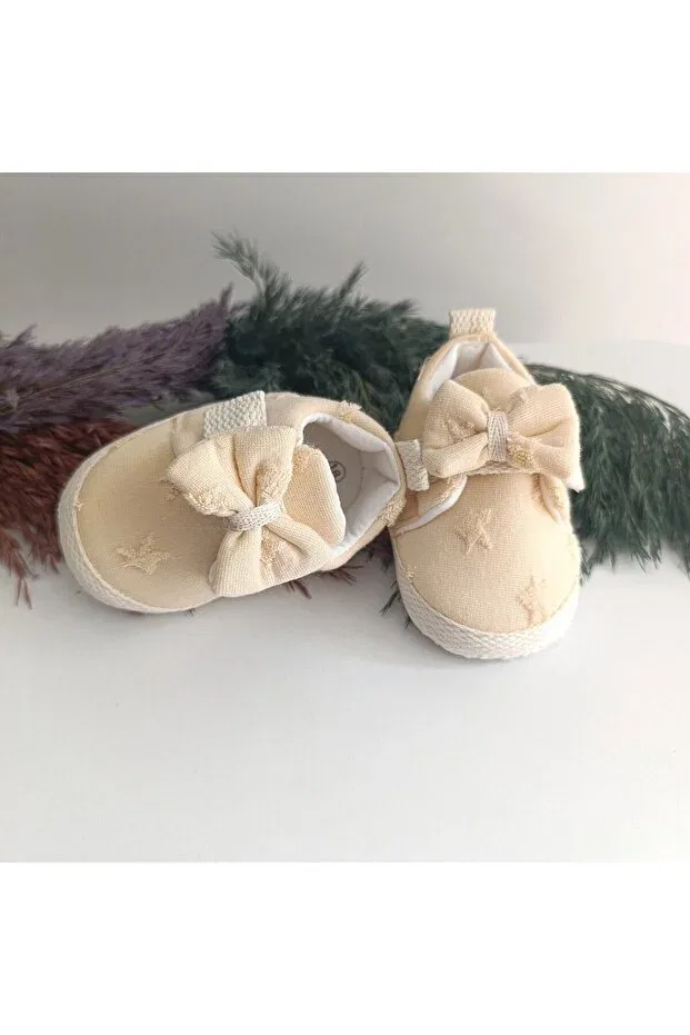 Детские пинетки для девочек с принтом 5204 Flower & Star Pattern Bow Detailed Baby Girl First Step Booties Shoes Size 18-19 Leoncino, Beige