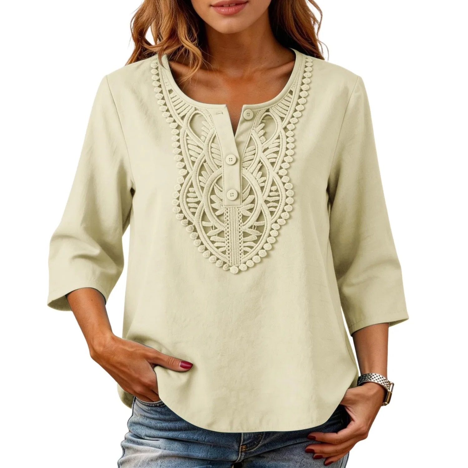 Женская льняная туника с вышивкой Retro 3/4 Sleeve Boho Casual Loose Fit Lightweight Summer Beach Blouse, A-beige — фото 2