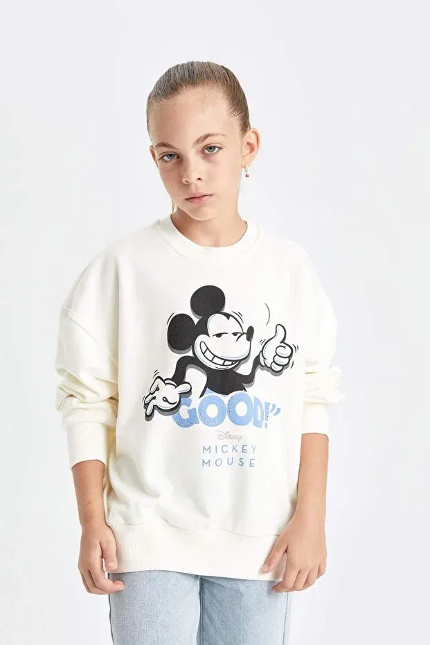 Детские свитшот для девочек оверсайз с принтом Mickey & Minnie Oversized Wide Fit Crew Neck Defacto, Ekru Er99