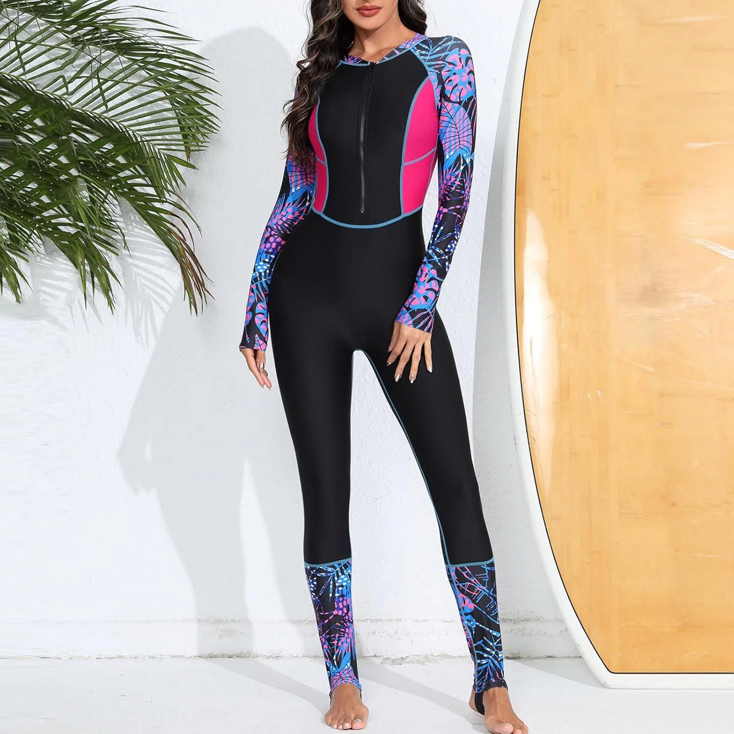 Женский цельный купальник с длинным рукавом и zip-застежкой, Hot Pink — фото 2