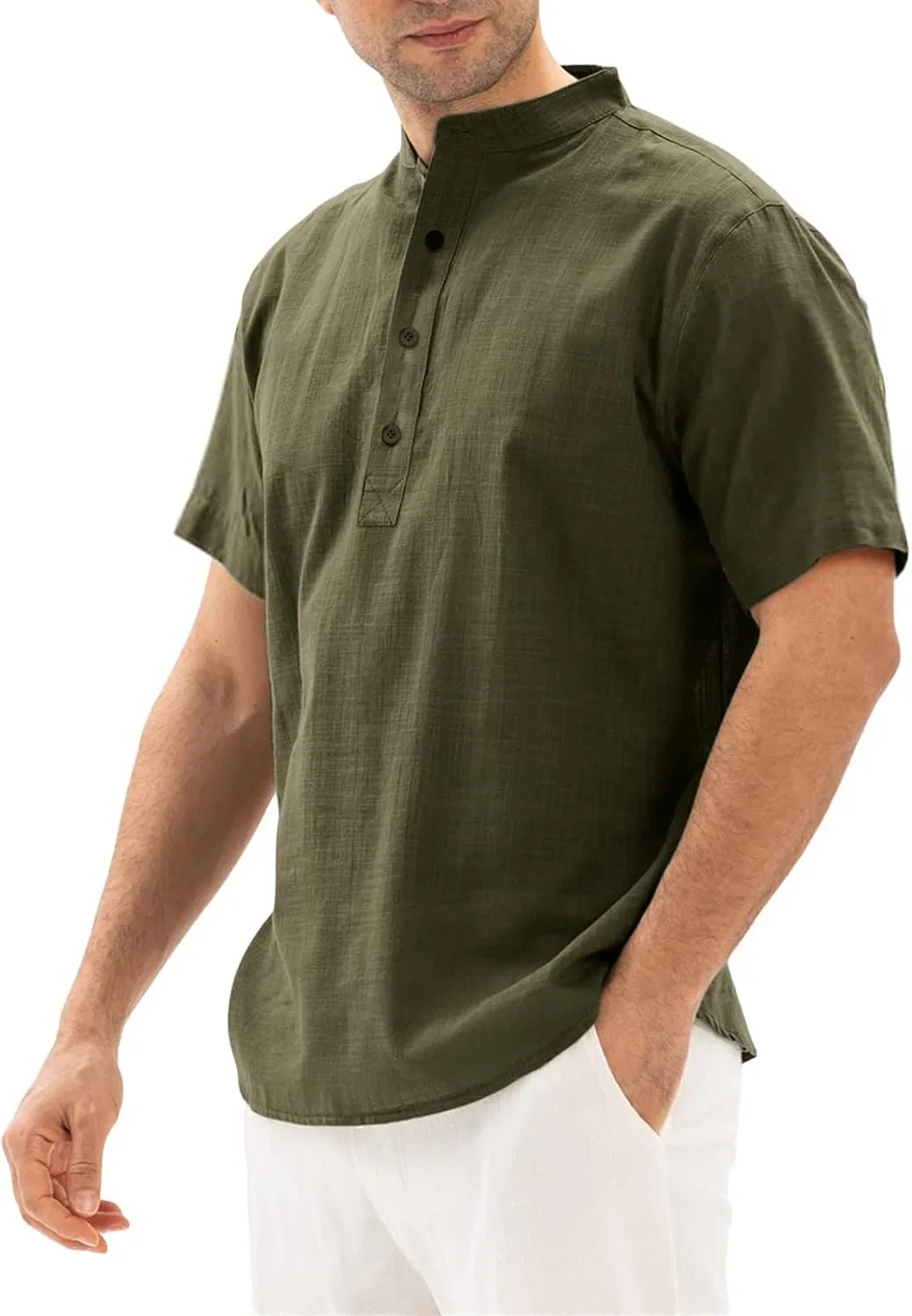 Мужская льняная футболка с длинным рукавом Henley, Army Green