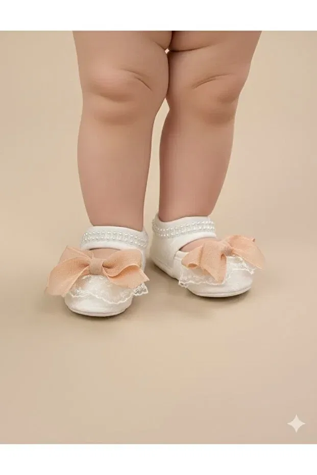 Детские пинетки для девочек с жемчугом и декором Park Bebe, Bowtie Salmon