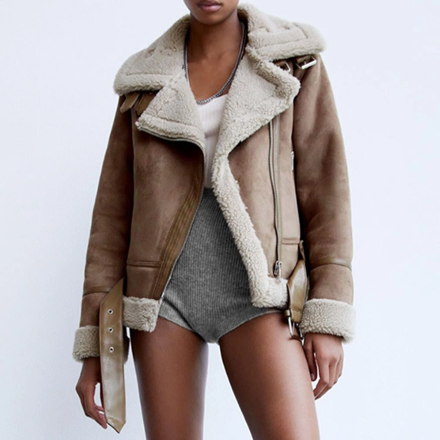 Женское зимнее пальто с подкладкой из искусственной кожи, модель Fashion Winter Coats, dark khaki — фото 2