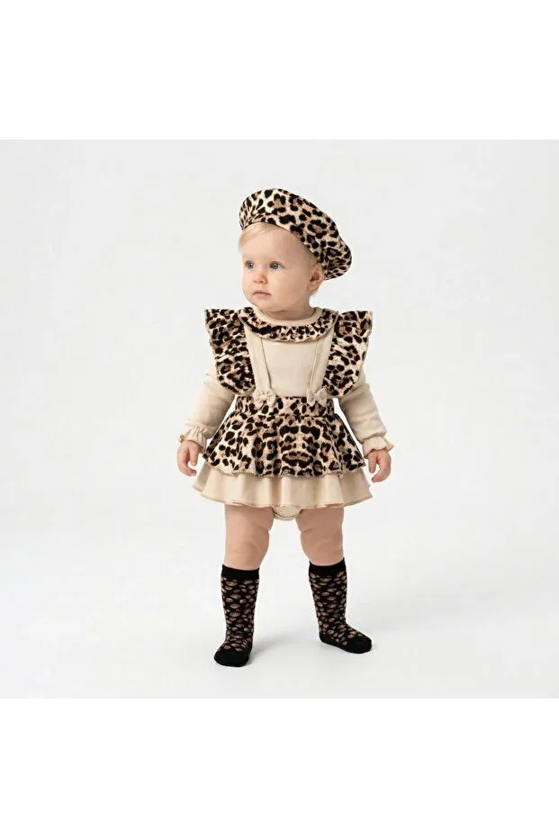Детский комплект для девочек с принтом Leopard patterned skirt four-piece set Saninbaby, Beige