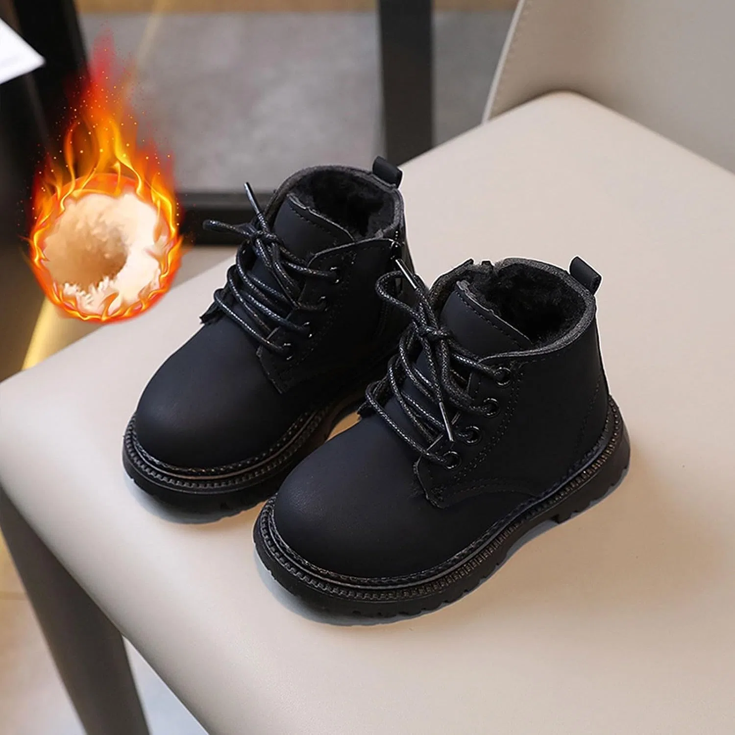 Детские зимние ботинки с меховой подкладкой и боковой молнией для мальчиков и девочек, Black — фото 4