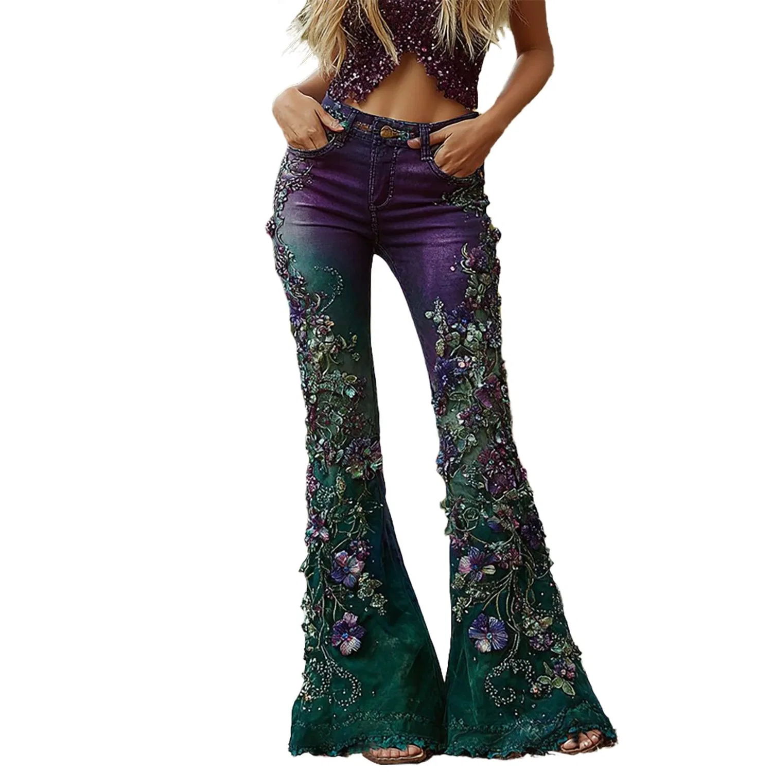 Женские джинсы клеш с принтом Floral Print Flared Jeans, Hot Pink