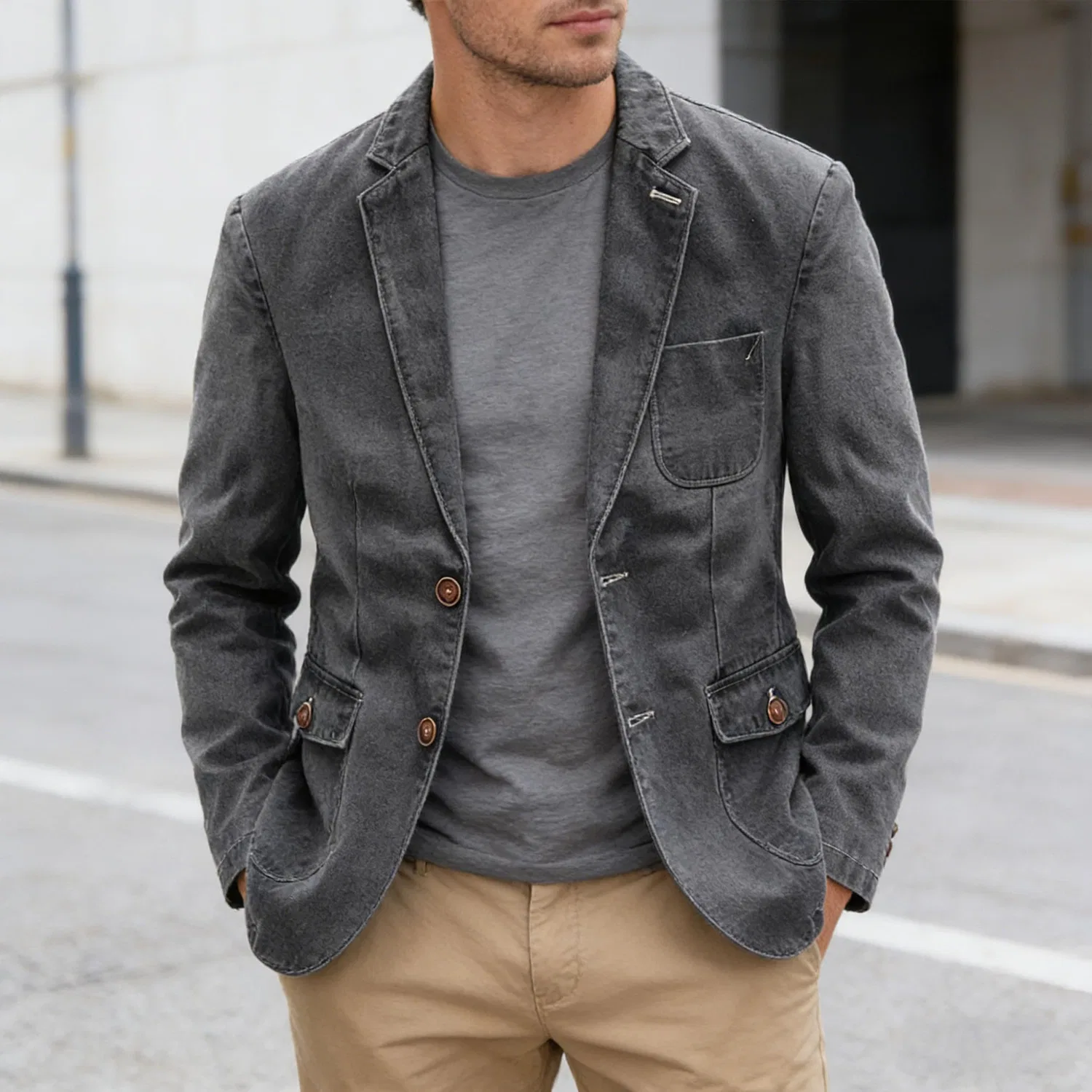 Мужское джинсовое пальто-блейзер с лацканами, модель Vintage Lapel, бренд, Grey — фото 2