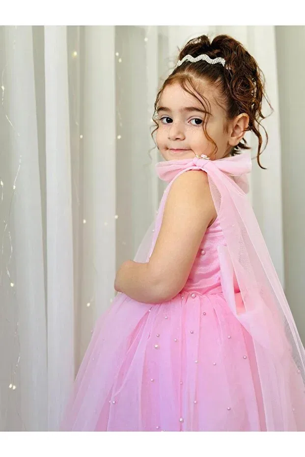 Детское платье для девочек с длинным рукавом Pink pearls long dress vintage baby girl dress Linarookids, Pink — фото 4