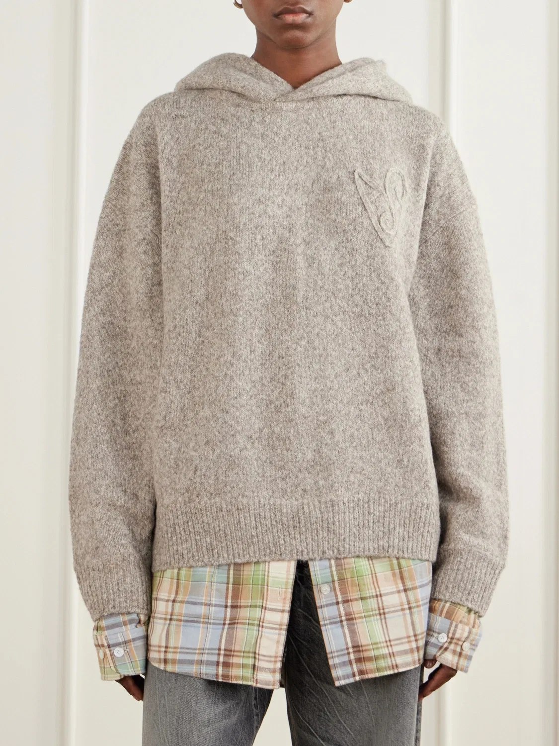 Многослойный свитер из шерстяной смеси с клетчатой отделкой из поплина Acne Studios, бежевый — фото 3