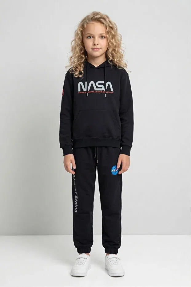 Детский спортивный комплект для девочек с принтом, с капюшоном, Black One, Navy Blue