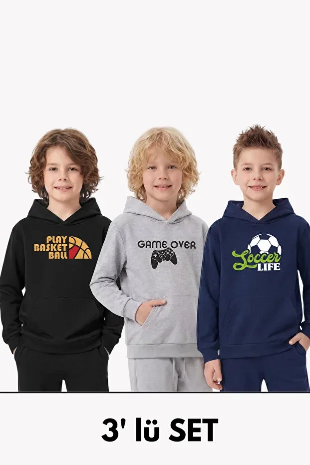Детский комплект свитшотов для мальчиков с принтом Fyk Collection, Black-Grey-Navy Blue