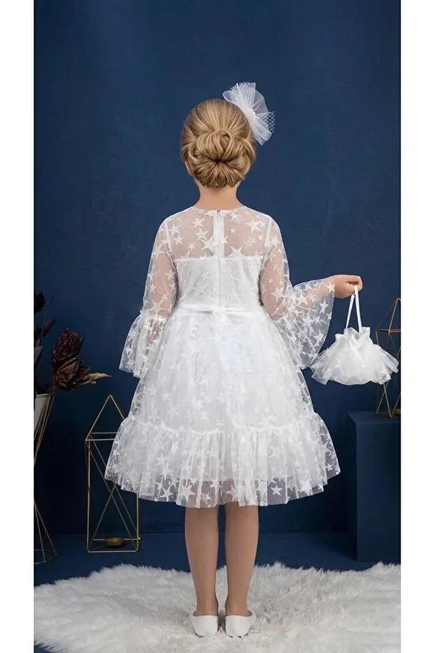 Детское платье для девочек с принтом Star Patterned Tulle Puffy Dress Lunas Tekstil, White — фото 4