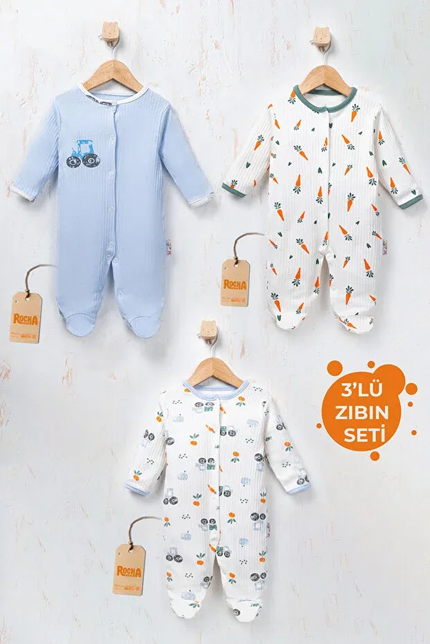 Детский комбинезон-кигуруми с принтом 3-Piece romper set with animal figures and patterns - zippered cotton bodysuit set Rocha Baby, Multicolor — фото 3