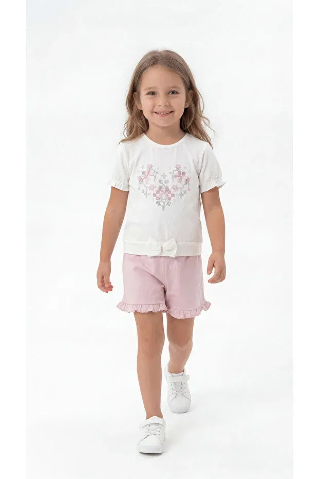 Детский комплект для девочек с вышивкой Embroidered bowknot combed cotton girls' t-shirt and shorts set Mışıl Kids, Pink — фото 2