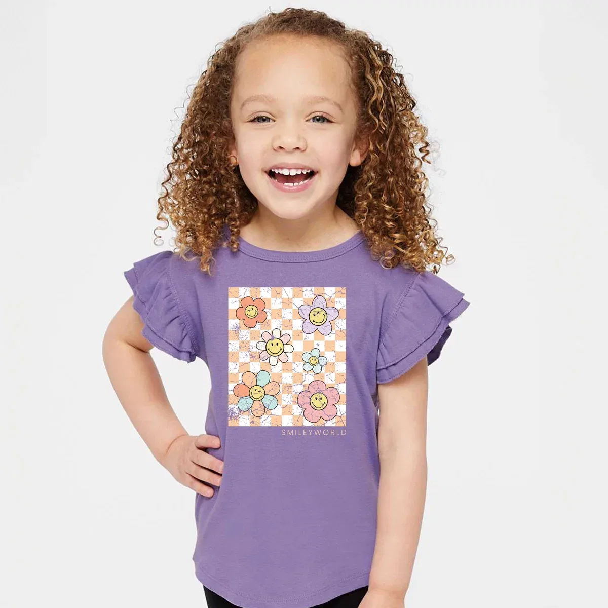 Детская футболка для девочек с принтом SmileyWorld Checkered Floral Distressed The Juniper Shop, White — фото 2