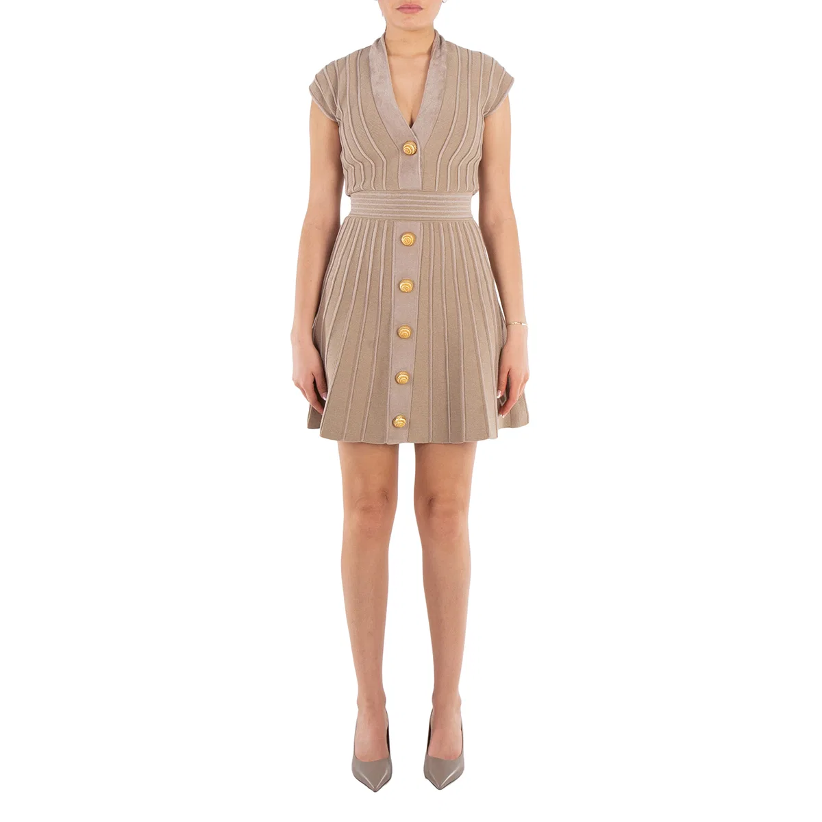 Платье мини с V-образным вырезом и фактурным трикотажем Balmain, Beige