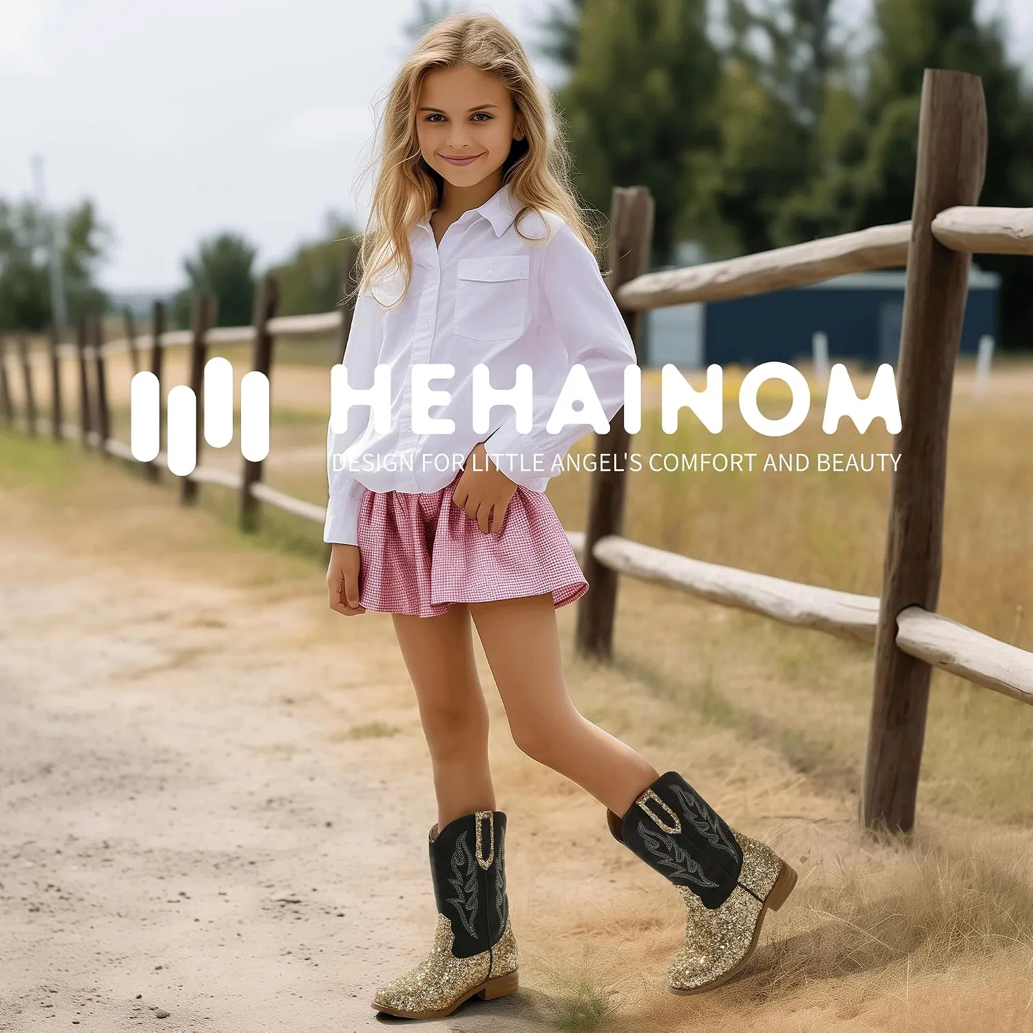 Детские сапоги для девочек с вышивкой Cowgirl Boots Hehainom, Goldsequin — фото 3