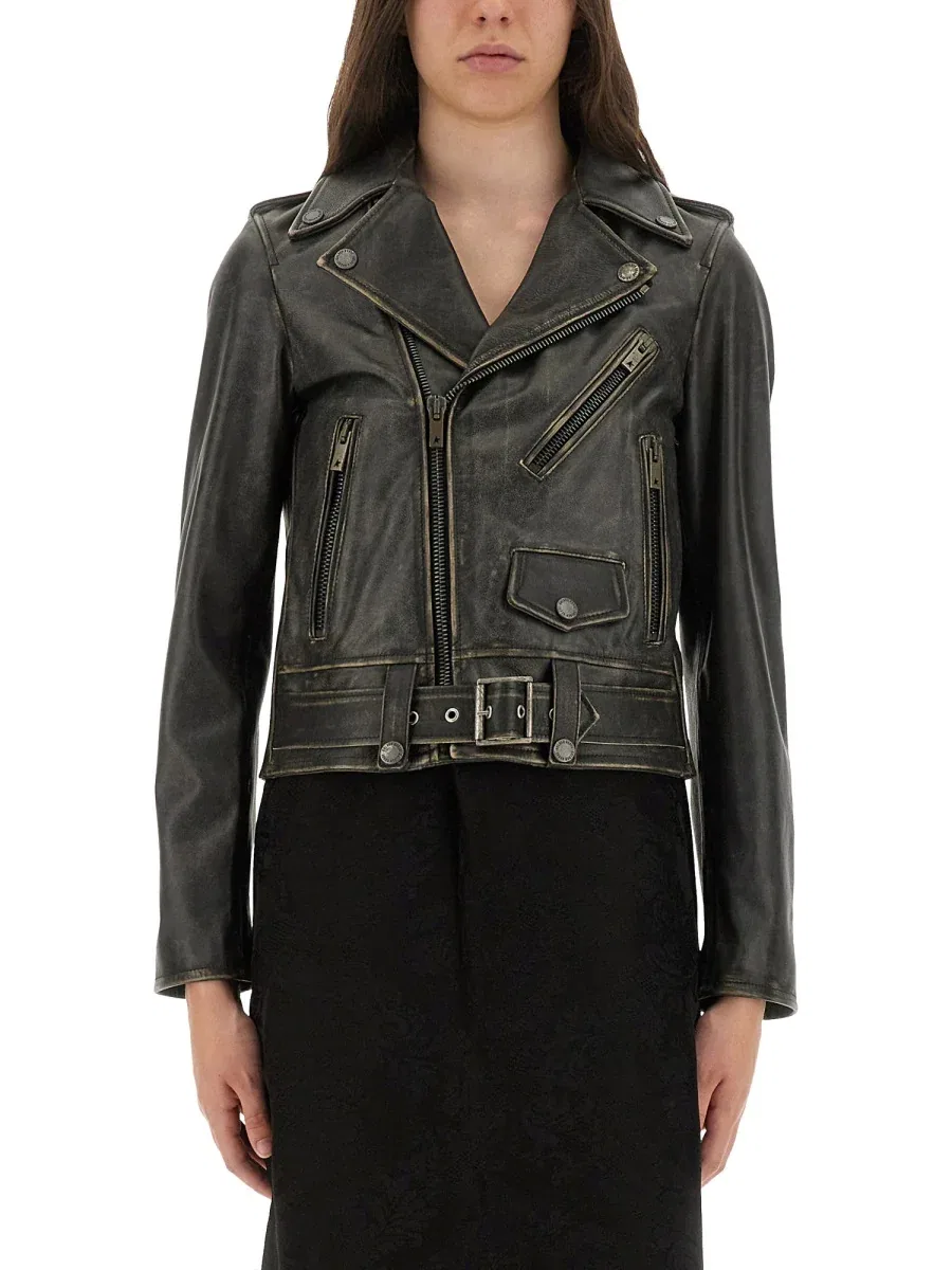 Женская кожаная куртка-косуха укороченная с ремнем Distressed Leather Biker Jacket Golden Goose, черный