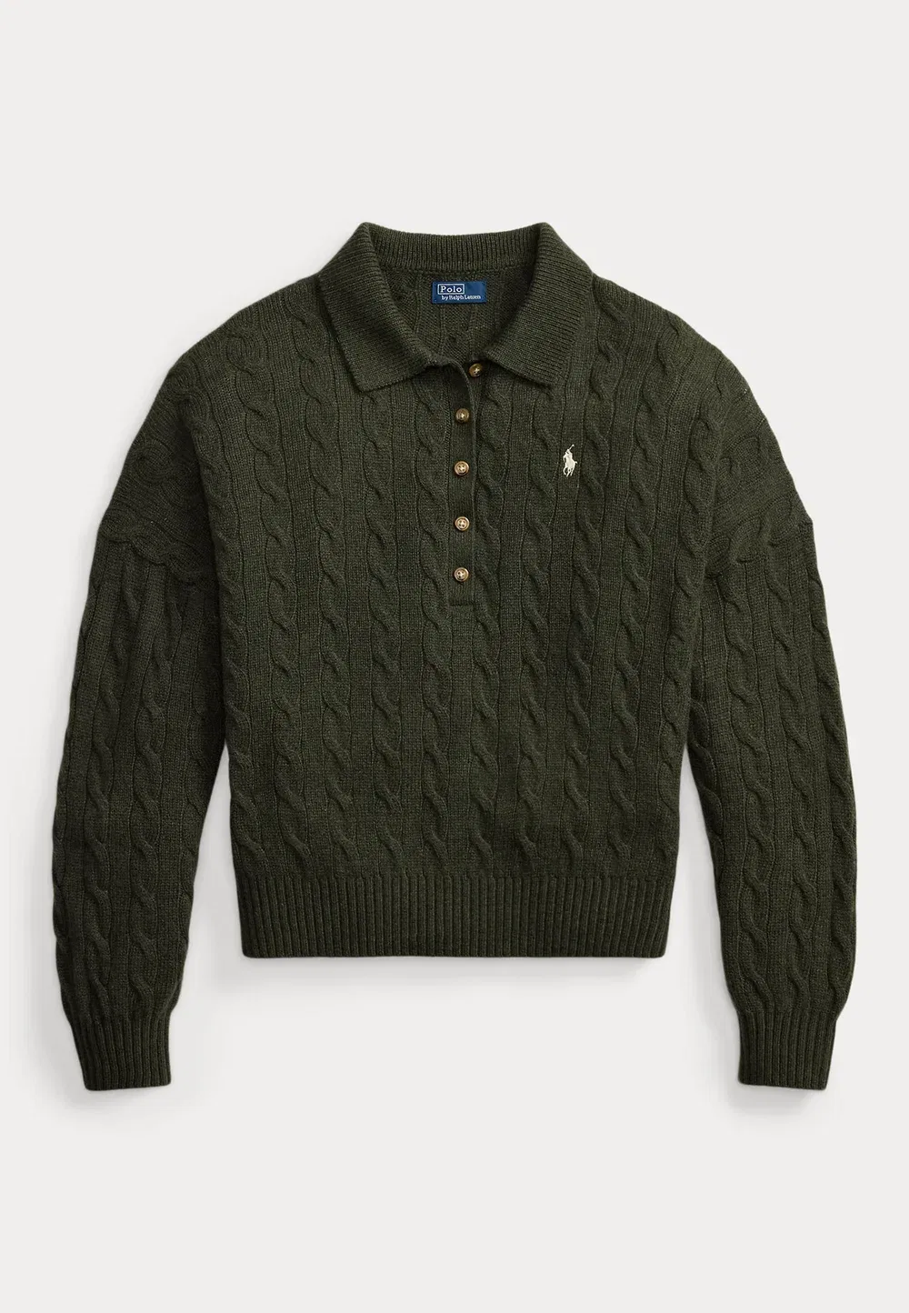 Свитер-Поло из шерсти и кашемира с косами Polo Ralph Lauren, Olive Umber Heather — фото 4