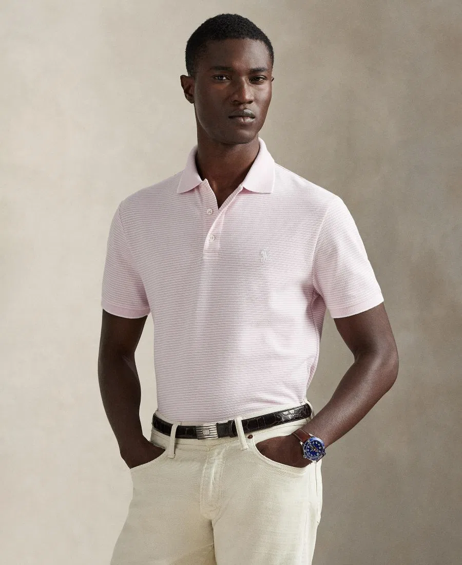 Поло с полосками из стрейч-сетки Polo Ralph Lauren, Garden Pink/White