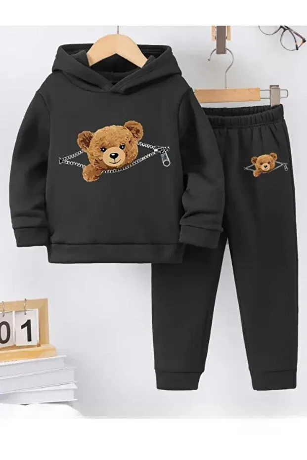 Детский спортивный костюм для девочек с принтом Zippered bear printed children's tracksuit Doce Elegante, Black — фото 3