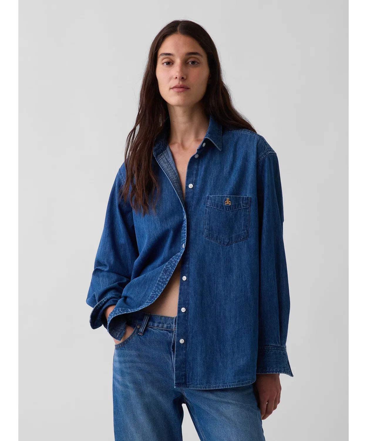 Женская джинсовая рубашка оверсайз с длинным рукавомIndigo Blue GAP, Индиго Блю