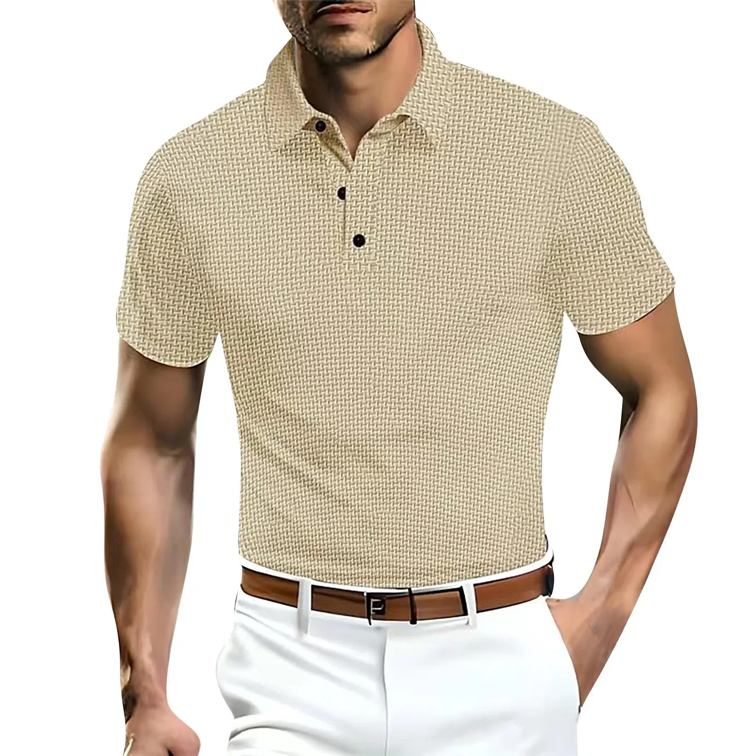 Мужское поло с коротким рукавом из шелка, с воротником, Dark Khaki