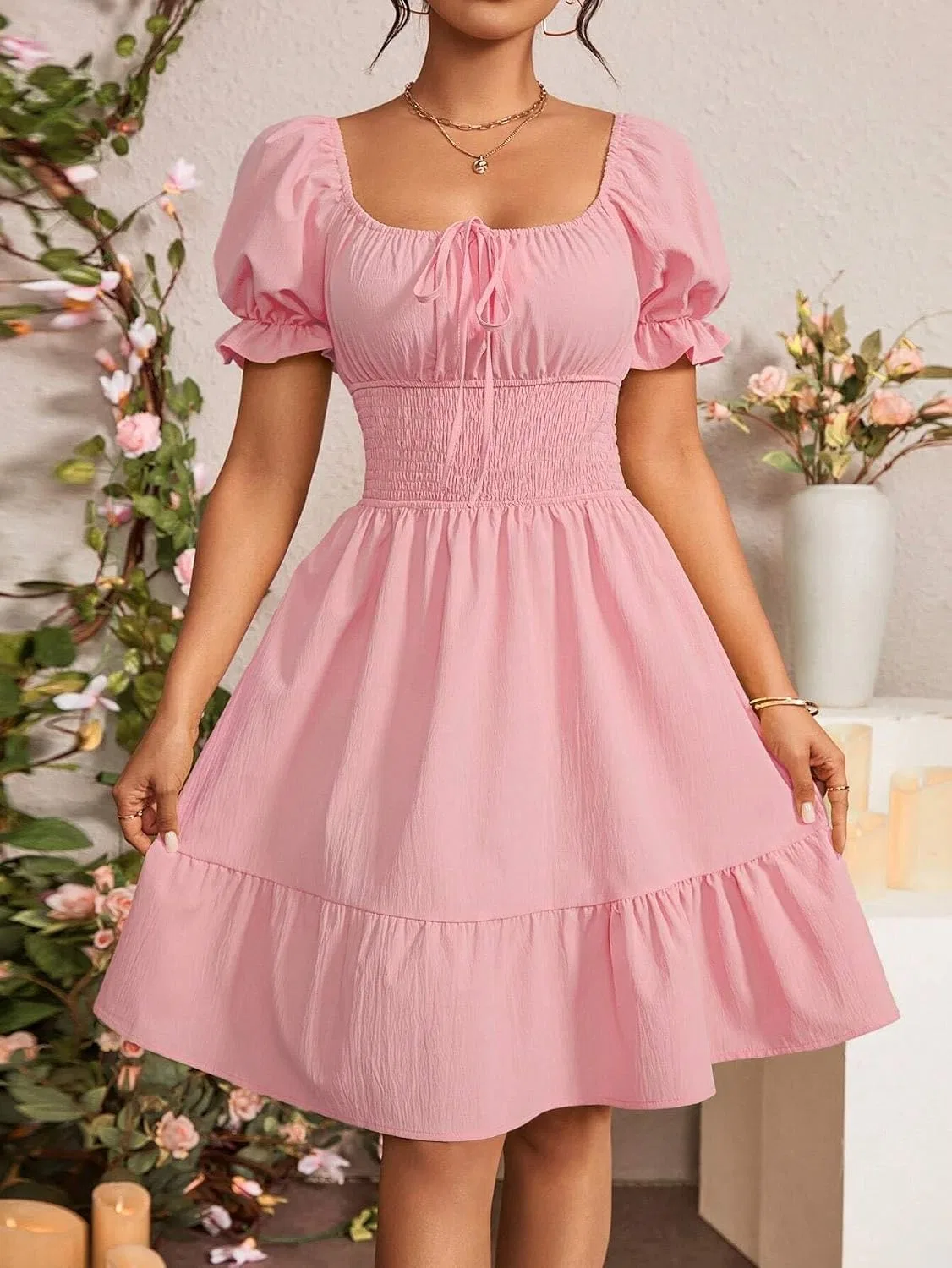 Женское повседневное платье A-силуэта с пышными рукавами, Pink — фото 2
