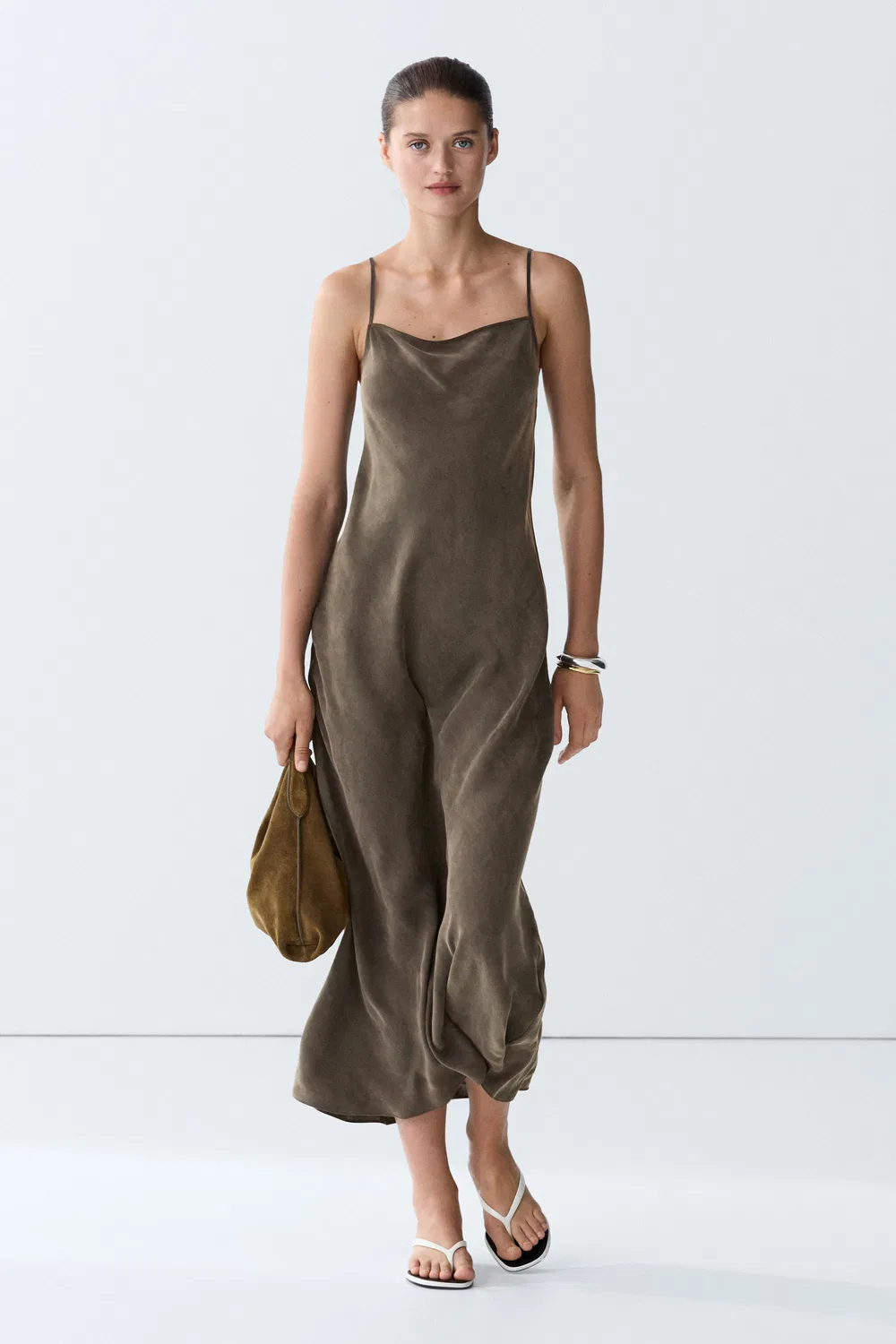 Платье Massimo Dutti, миди-платье в стиле нижнего белья с тонкими бретелями, серый