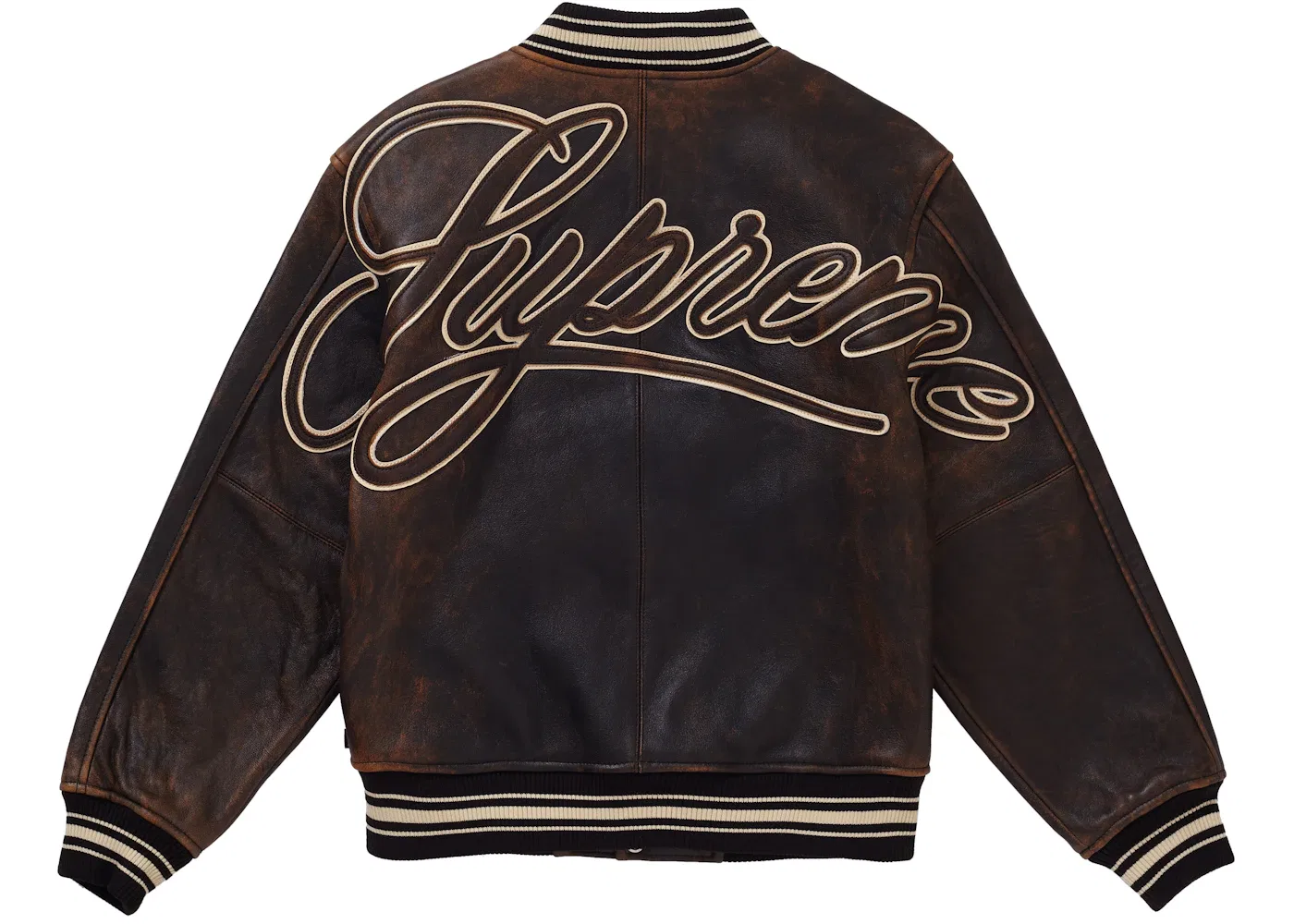 Мужская кожаная куртка-бомбер из поношенной кожи Supreme Worn Leather Varsity Jacket, Black — фото 2