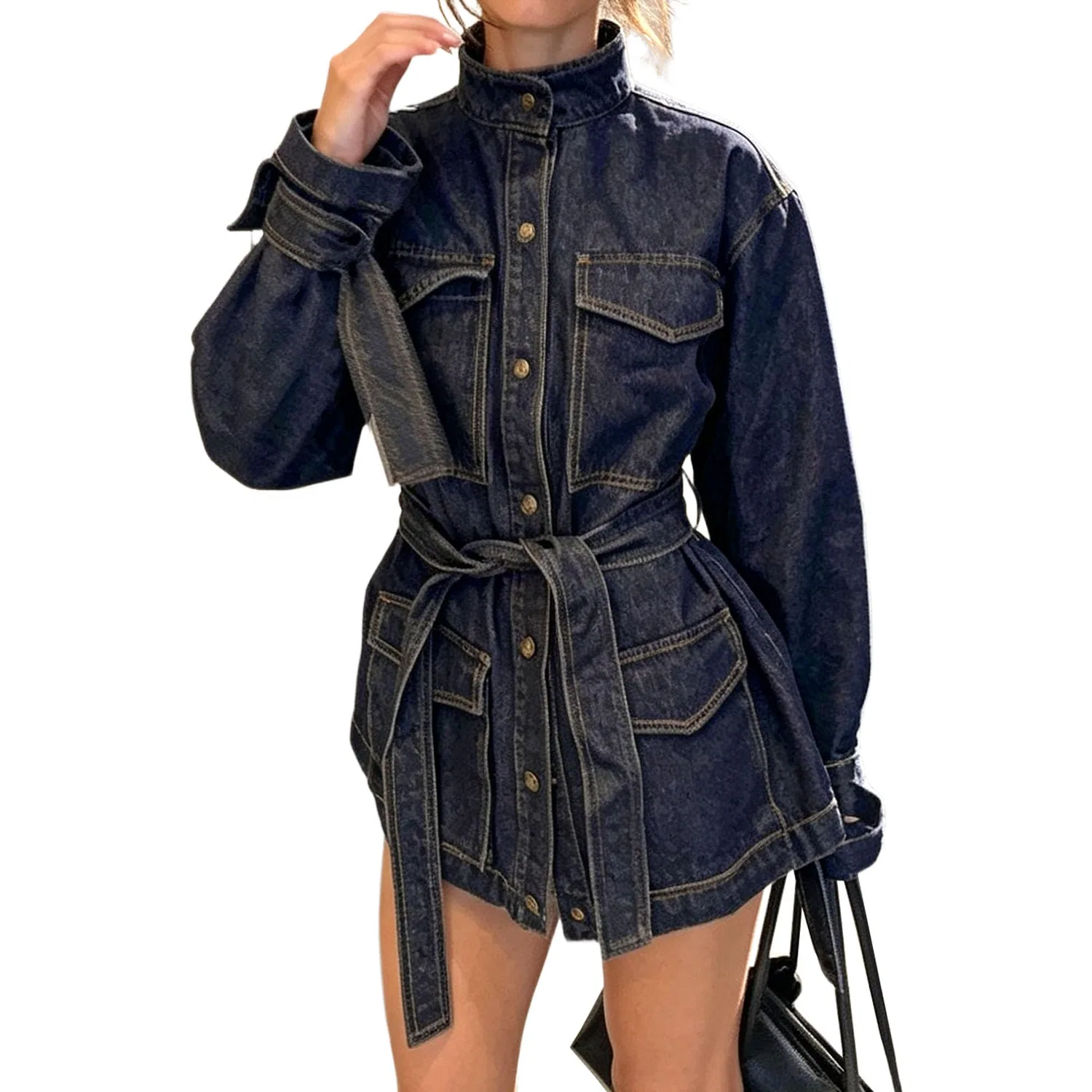 Женская джинсовая куртка с корейским воротником и галстуком, Blu